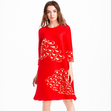Autumn Women Fashion New Original Design Pleated Printing Casual Long Sleeves Dress