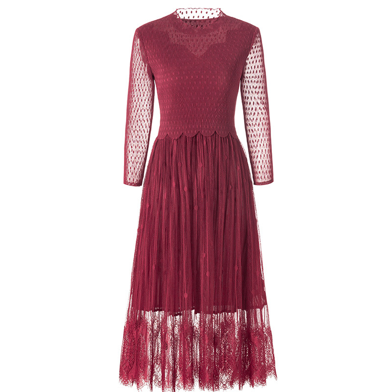 Spring 2020 Fashion New Lace Large Dress New Women's Slim Pleated Dress
