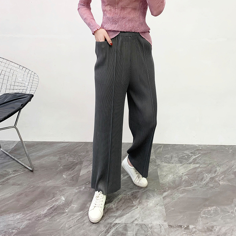 Spring Summer 2020 Women Pleated Straight Pants New High Waist Wide Leg Casual Trousers