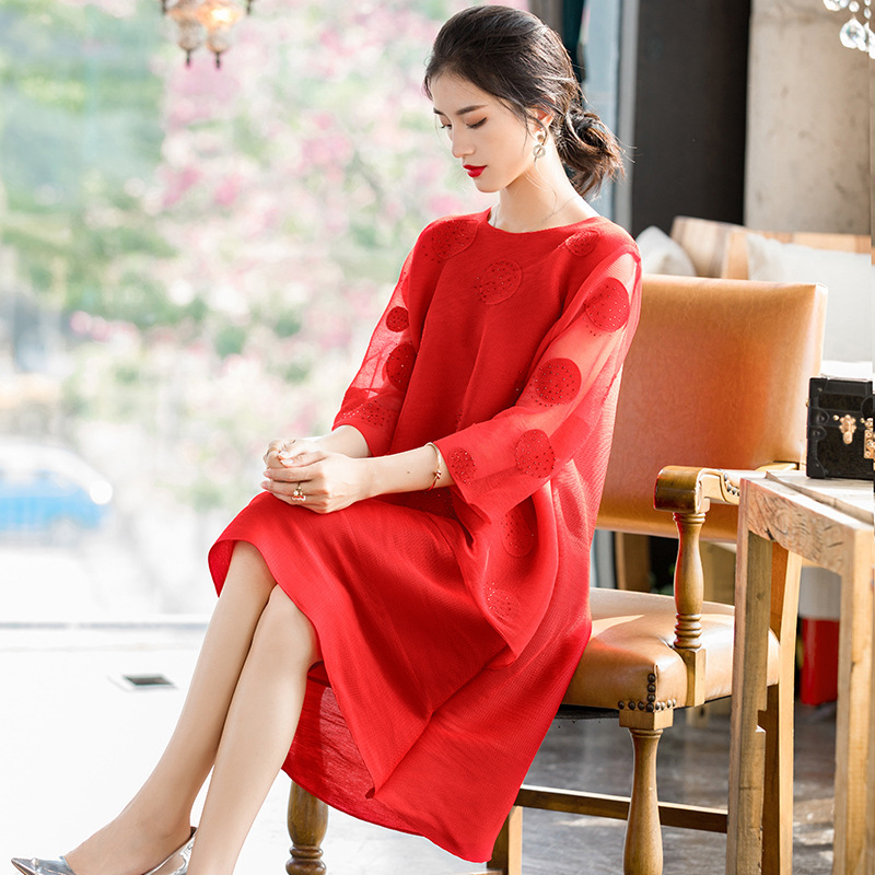 Embroidered Beaded Dress 2020 Spring New Women's Fake Two Large A-line Dress