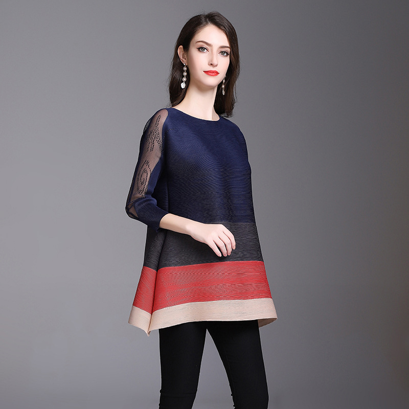 Women Pleated Fashion Tops Office Lady Lace Patchwork O-neck Shirts