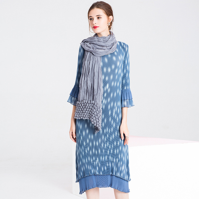 Spring Women Pleated Print Lady Elegant High End Fashion New Dress