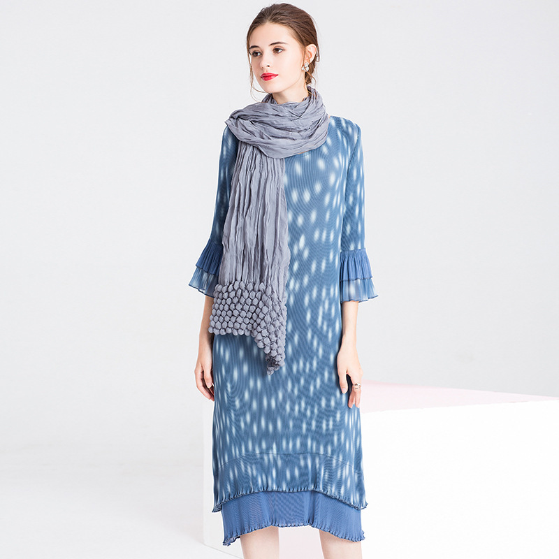 Spring Women Pleated Print Lady Elegant High End Fashion New Dress