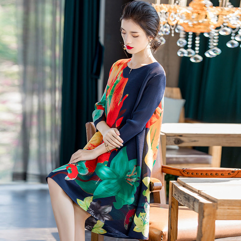 Spring New Women Large Pleated Fashion Dress 2020 Printed Big Size Dress