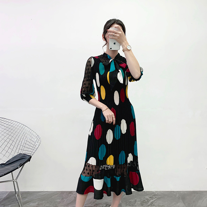 Women Polka Dot Dress Spring 2020 Pleated Bow Large Pleated Dress