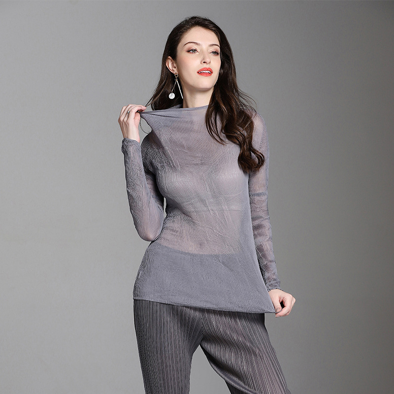 Women Pleated Fashion Popular Long Sleeves Bottom Solid Color Pullover Sexy Shirts
