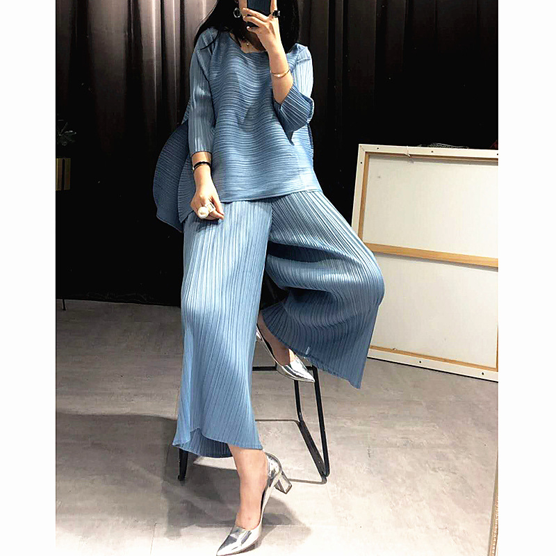 Pleated Fashion New Tidal Summer New Shirts Tops Clothing Sets Wide-legged Pleated Pants Suit