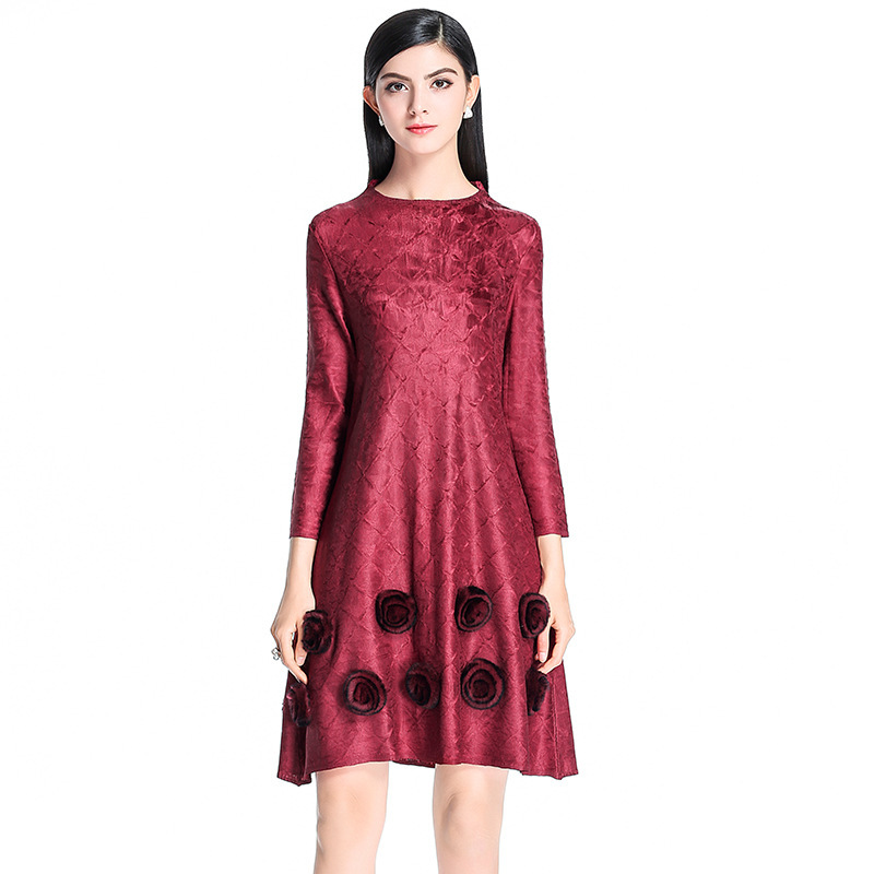 Pleated Fashion Slim Flower Loose Casual Wrist Appliques Natural O-neck Spring Dress