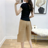 2020 New Pleated 7-point Pants Women's Loose Large Elastic Waist Wide Leg Trousers