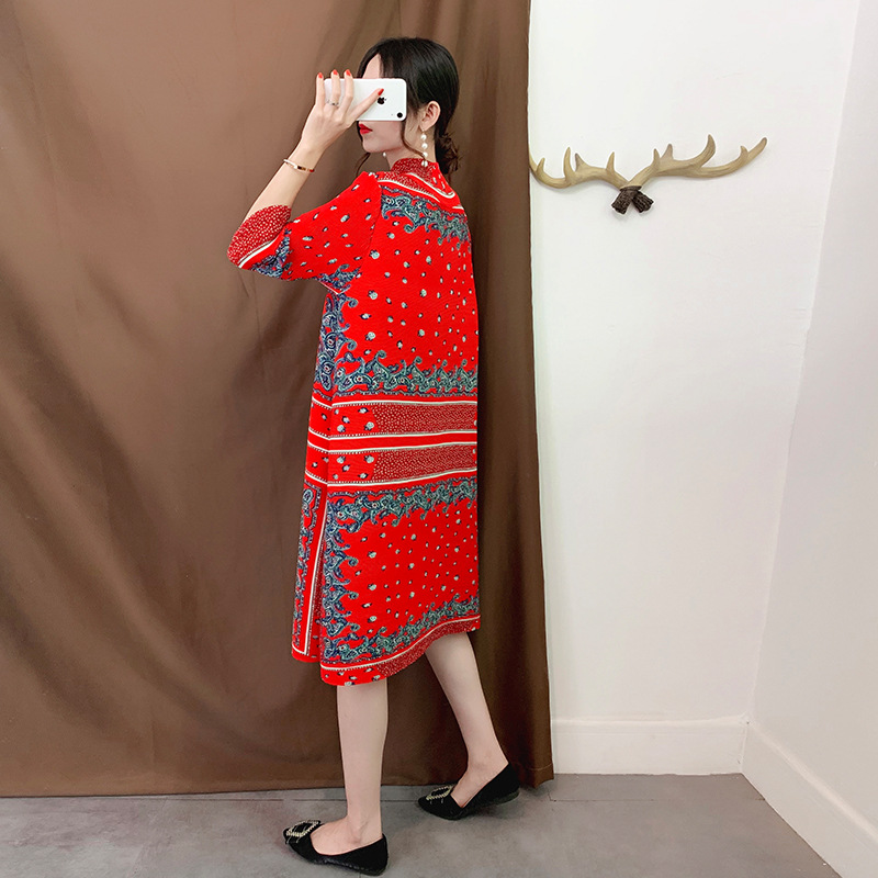 Women Fashion New Autumn Pleated Dresses Tidal Print Loose Big Size Dress