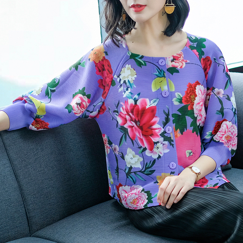 Spring Women Pleated Fashion New Floral Print Loose Tops Shirts