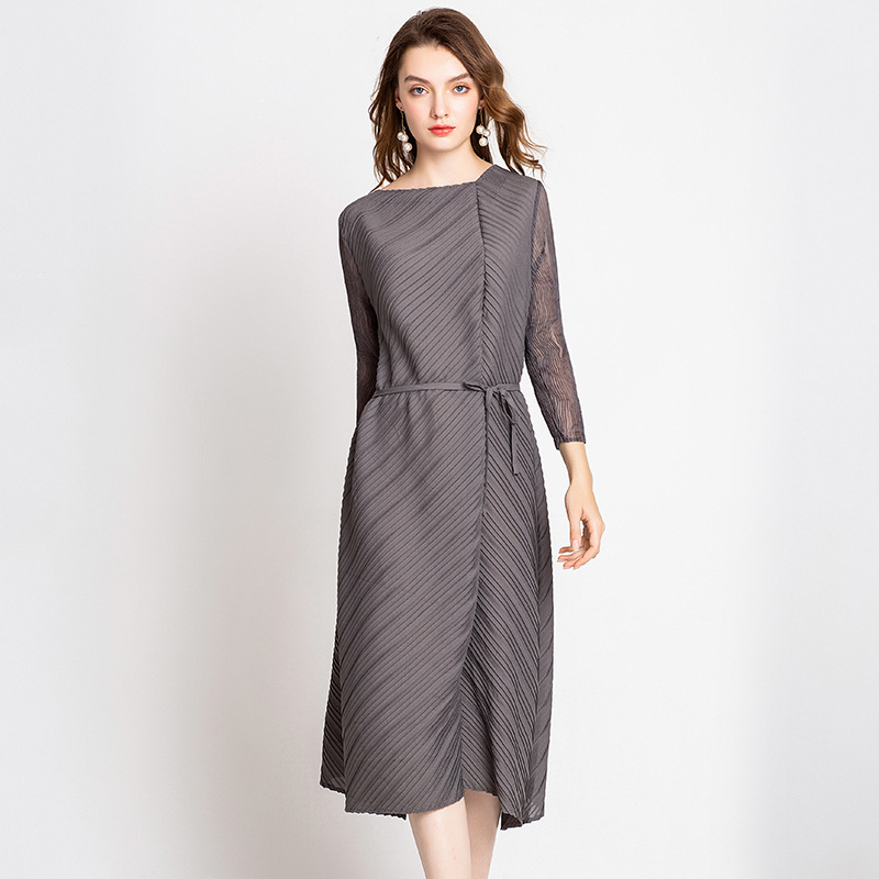 New Arrival Women Pleated A-line Solid Belts Mid-calf Lady Elegant O-neck Autumn Dress