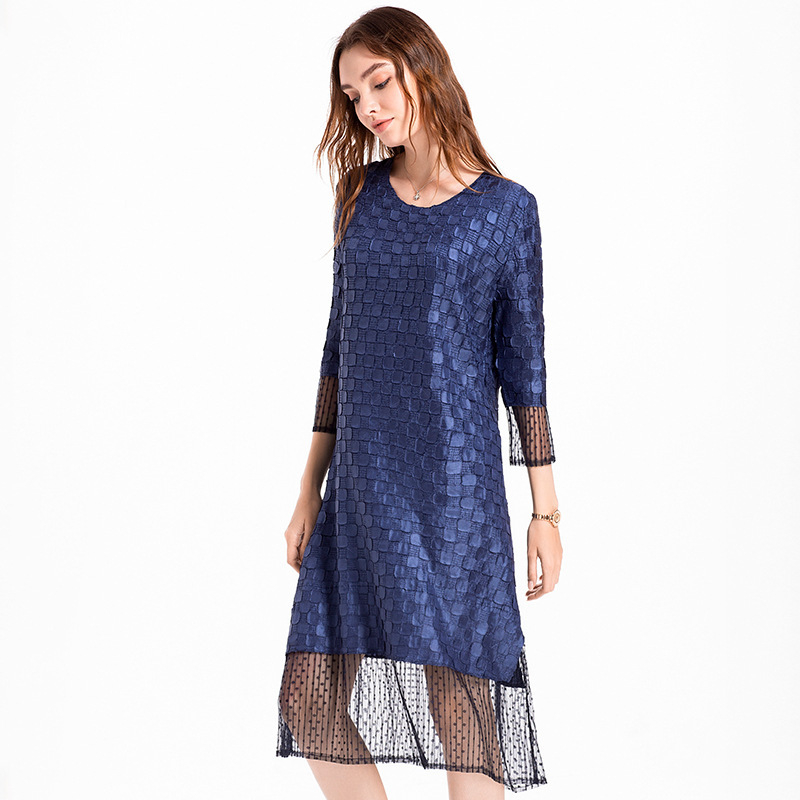 Women Pleated Fashion New Crinkeld Solid Color Lace Lady Elegant Dress