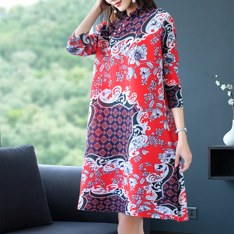 Aututmn Women Pleated Fashion New Tidal Loose Big Size Popular Lady Print Dress