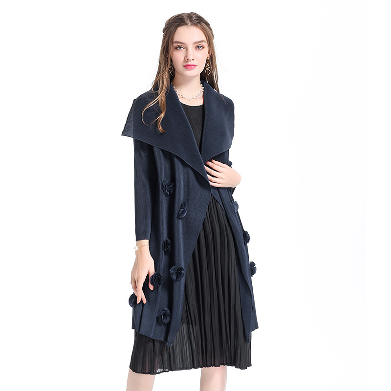 Women Pleated Fashion Jacket Boutique Spring Outerwear Casual X-long Slim Coat