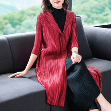 Women Autumn Pleated Plain-coloured Turtleneck Cap Pleated Seven-sleeve Jacket Fashionable Single-row Button Windbreaker