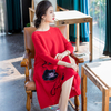 Red Embroidery Nail Beads Pleated Dress 2020 Spring New Women's Loose Dress