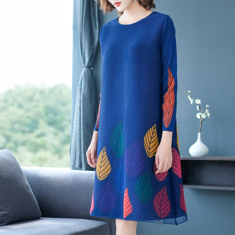 Autumn Women Pleated Fashion New Tidal Big Size Print Dress