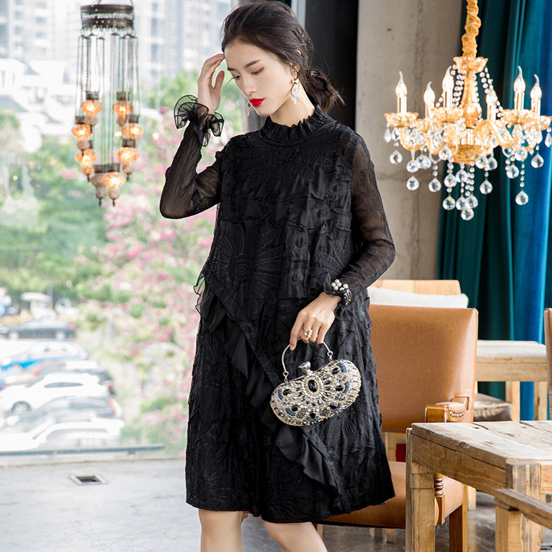 Women Embroidered Pleated Dress New Long Sleeve Loose Large A-line Dress Trend In Spring 2020