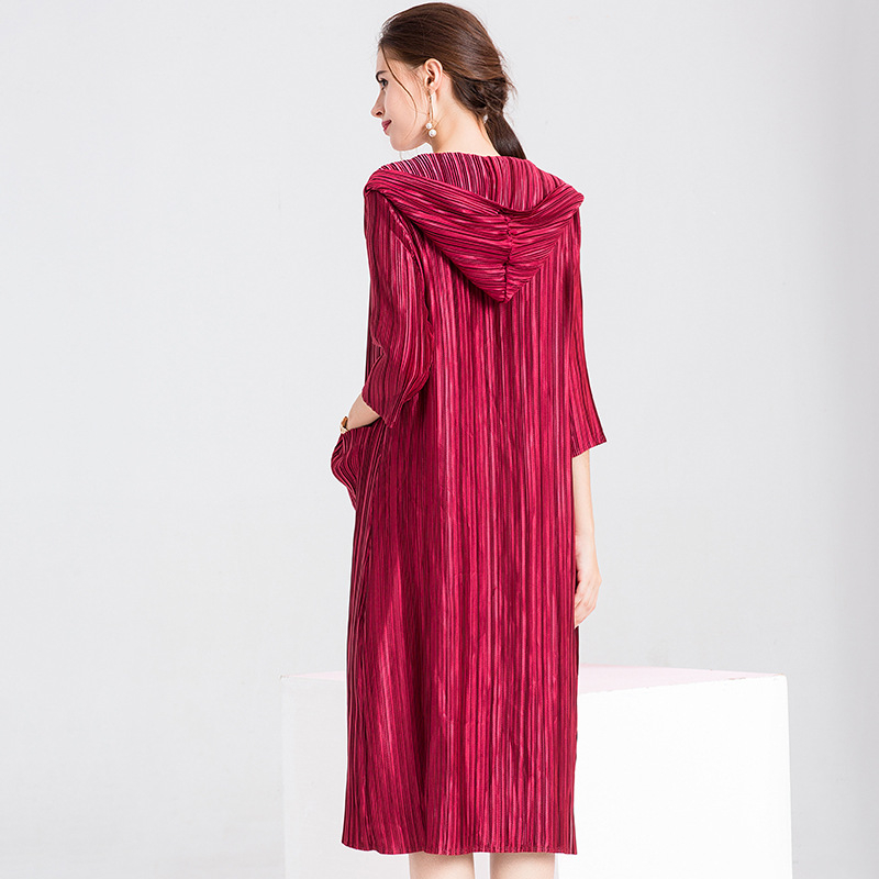 Women Pleated Fashion New Solid Color Hooded Lady Long Jacket Coat