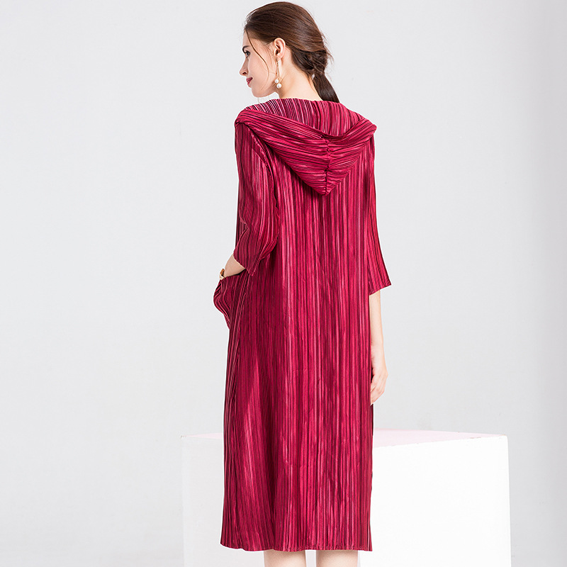 Women Pleated Fashion New Solid Color Hooded Lady Long Jacket Coat