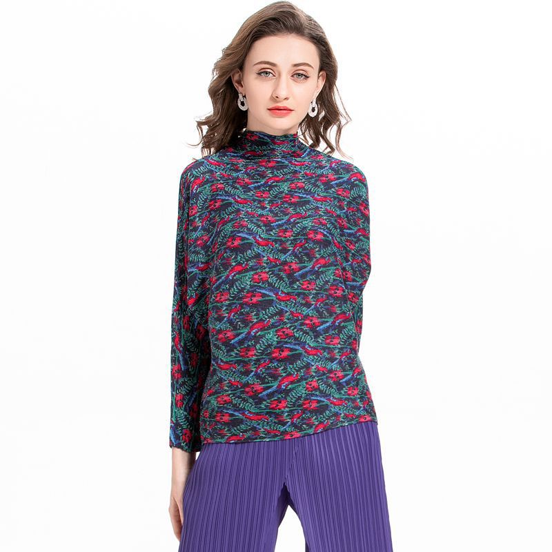 High Collar Chiffon Flower Print Women Pleated Tops Pullover Shirts