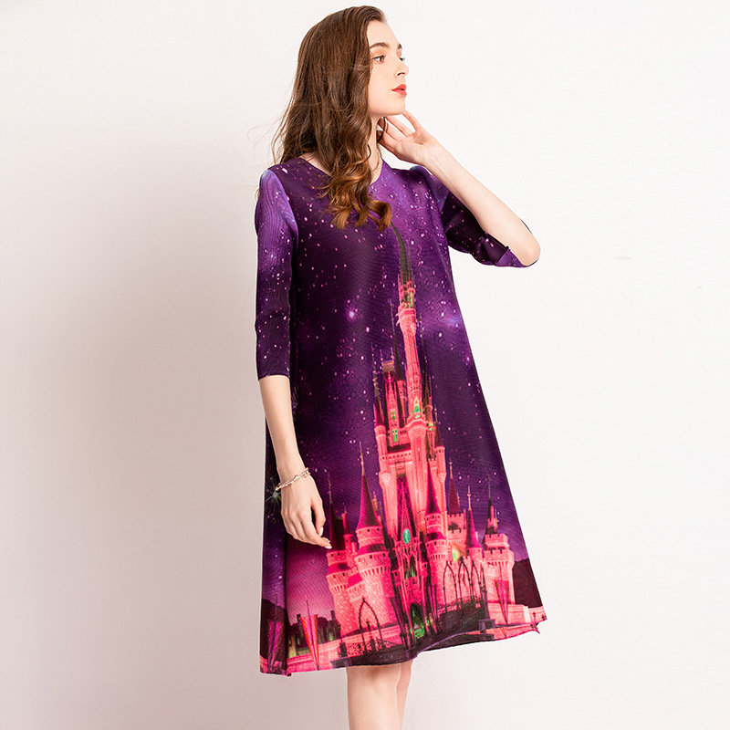 Castle Digital Printed Pleated Big Size Loose Casual Fashion New Dress
