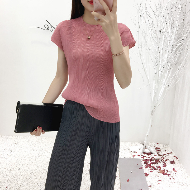 Women's Spring Summer Solid Color Pleated Shirt Elastic Tops Csual Wear