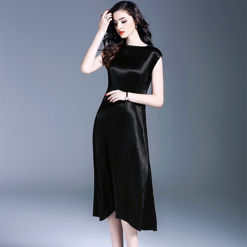 Women Pleated Solid Color Bottoming Black Sleeveless Casual Tidal Lady Elegant Popular Dress
