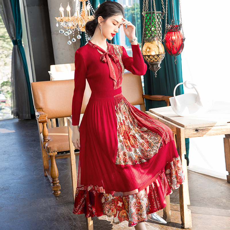 French Retro Large Dress 2020 Spring New Fashion Printed Pleated Dress