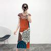 Women Pleated Long Dress Short Sleeve Print Tidal Loose Big Size Dress
