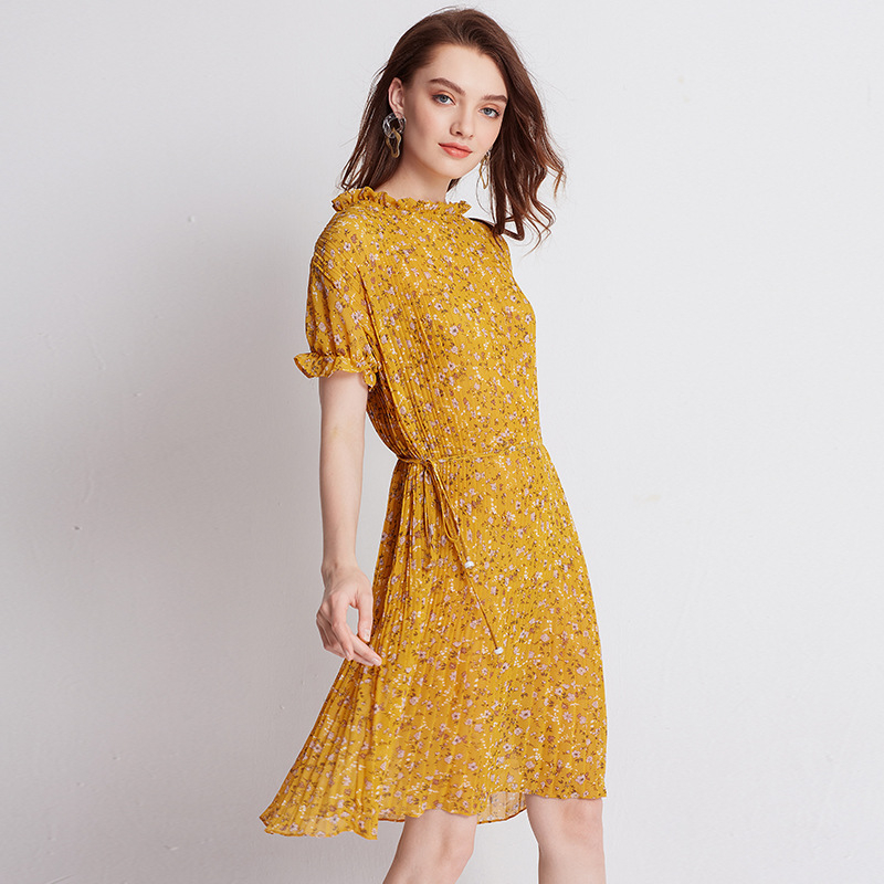 Chiffon Spring Summer Women Pleated Fashion New Tidal Print Dresses